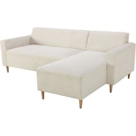 Canapé d'angle réversible 3 places – Velours côtelé écru 100% polyester – Dimensions L197 x P138 x H65 cm – Confort optimal mousse 25kg/m3 (1/5)