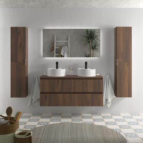Mueble de Baño KIRA 120cm Nogal 4 cajones Lavabo sobre encimera 2 pozas Porcelana (1/5)