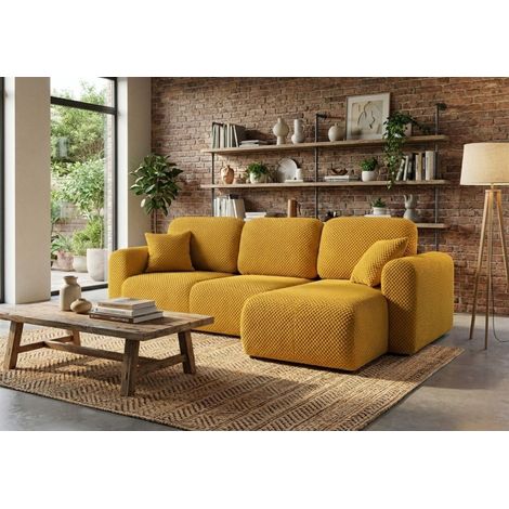 Ecksofa mit Schlaffunktion BRUSK Sofa in Stoff Pop Honiggelb Ottomane Rechts (1/5)