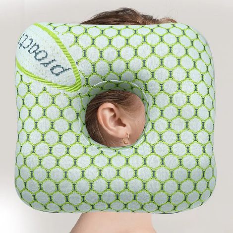 Oreiller tricoté à motif alvéolé vert clair et vert foncé, avec ouverture pour les oreilles pour protéger les oreilles et soutien de la tête et de la nuque pour dormir sur le côté.-AquaForge (1/4)