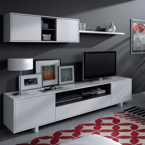 Meuble TV moderne 200cm – 3 portes et 1 niche – Panneaux mélaminés blancs – Design contemporain pour salon – Habitdesign (1/10)