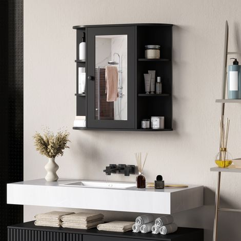 Miroir mural salle de bain noir, bois et verre, 66x17x63 cm, 6 étagères ouvertes + 2 fermées, rangement suspendu (1/5)