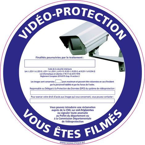 PANNEAU VIDEO PROTECTION VOUS ETES FILMES (G1209) - Plastique PVC 1,5 mm - Diamètre 125 mm