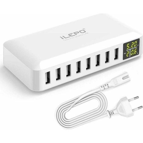 USB-Ladegerät mit 8 Anschlüssen und LCD-Display, 5 V / 8 A, intelligente Ladestation für iPhone XS, XR, SE, iPad, Galaxy, Redmi und Android-Smartphones – EU-kompatibel