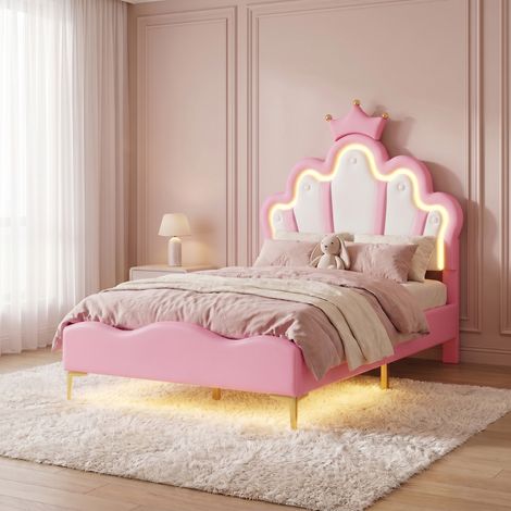 Lit enfant 90x190 cm, lit simple princesse avec LED, sommier à lattes, tête de lit réglable hauteur, PU - Rose