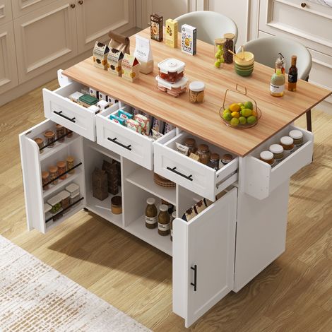 Îlot de cuisine 139x46(71)x91.5 cm blanc en MDF avec plateau rabattable, roulettes et rangements (1/5)