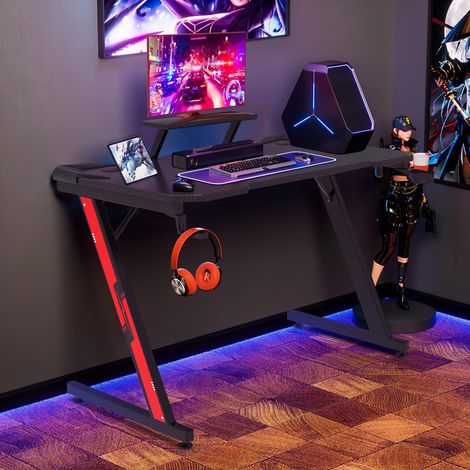 Bureau Gaming Bureau d'ordinateur en Forme de Z pour Jeu-Vidéo Style de Course Bureau Informatique Ergonomique 110cm Porte-Gobelet, Crochet pour Casque (Noir) (1/5)