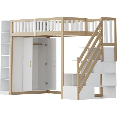 Letto a soppalco 90x200 cm con scaffali, armadio e scala contenitore, bianco e legno naturale (1/5)