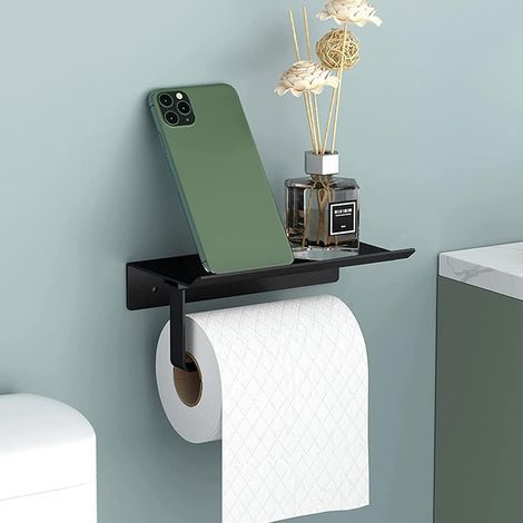 2-in-1 Wand-Toilettenpapierhalter, schwarz, selbstklebend, aus Aluminium, mit Ablage. (1/5)