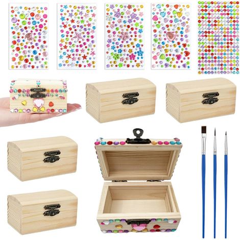 Coffre À Trésor en Bois non Fini, Un ensemble de 6 pièces Petit coffre à trésor en bois, Mini coffre à trésor, Mini Caisse au Trésor avec Couvercle, Avec autocollants et pinceau, pour Ranger, Décorer (1/5)