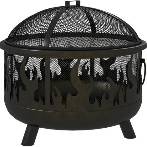 Schwarze Metall-Feuerschale für den Außenbereich mit Funkenschutz, Grillrost und Schürhaken Ø61 cm (1/4)