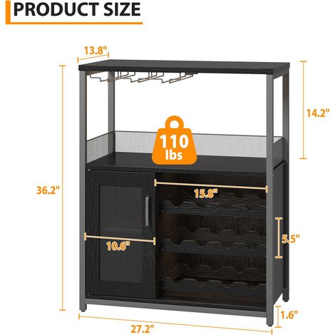 Wine Bar Cabinet, Modern 3-Tier Bar Cabinet with Removable Wine Rack & Mesh Door - Adjustable Shelves, Waterproof Surfaces, for Kitchen, Dining Room or Living Room