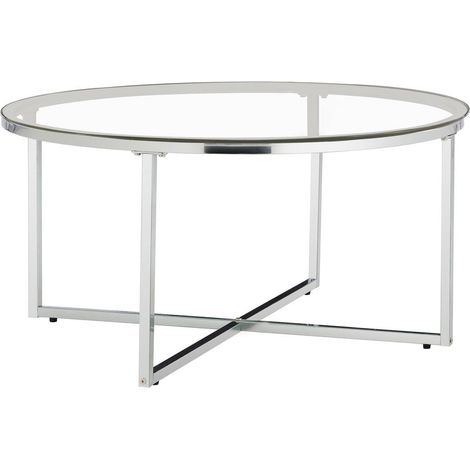 Table Basse LORIE Ronde Plateau Verre Trempé Transparent Structure Métal Chrome D90x45cm (1/5)
