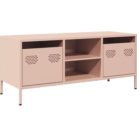 Meuble TV style industriel avec 2 compartiments et 2 tiroirs 101,5 x 39 x 43,5 cm en acier laminé à froid rose (1/5)