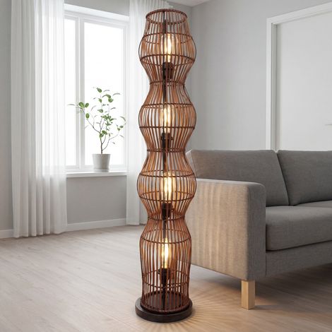 Stehlampe klein 111 cm Korbschirm Braun 4-flammig E27 Boho Wohnzimmer Stehleuchte