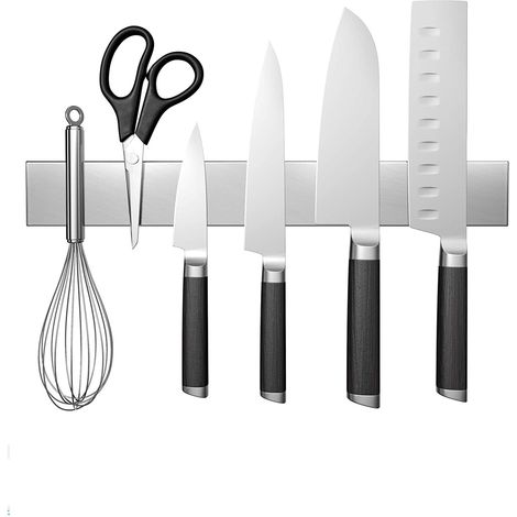 Porte-couteaux magnétique de 30 cm en acier inoxydable, idéal pour les couteaux à steak et de cuisine. Maintien très puissant et montage facile. (1/5)