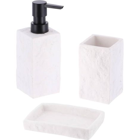 1 - Ensemble Accessoires Salle De Bain - Gobelet Distributeur Savon Porte-savon - Polyresine Effet Pierre - Usage Quotidien - Blanc - 3 Pièces