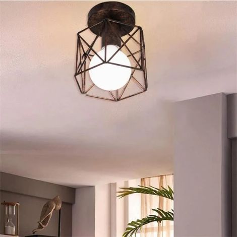 Plafonnier Carré Rouille - Cage en Fer Vintage - Chambre - 1 Ampoule E27 60W (1/4)