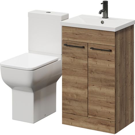 Alessio Tobacco Oak 500mm Vanity Unit and Toilet Suite including Comfort Height Toilet and Floor Standing Vanity Unit with 2 Doors and Gunmetal Grey Handles (1/5)