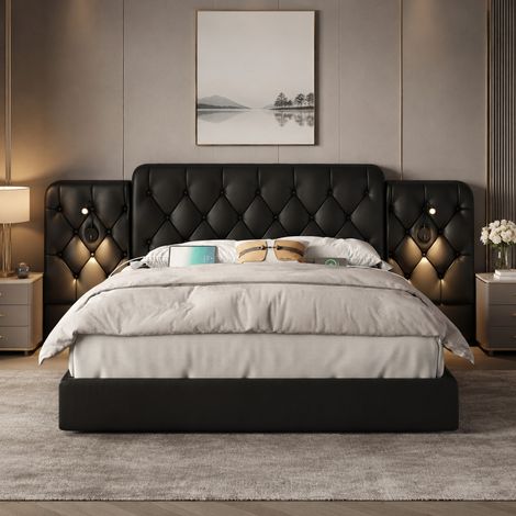 Telaio letto 247x208x105 cm, testiera allungata con lampade da lettura e porte USB, spazio contenitore, PU nero (1/5)