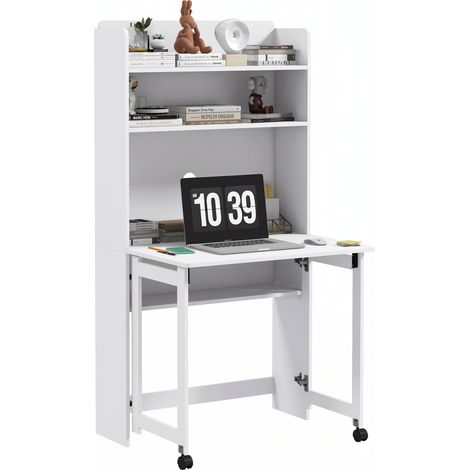 Bureau informatique avec étagères de rangement plateau rabattable 2 roulettes pour chambre salon 80 x 69 x 155 cm blanc (1/5)