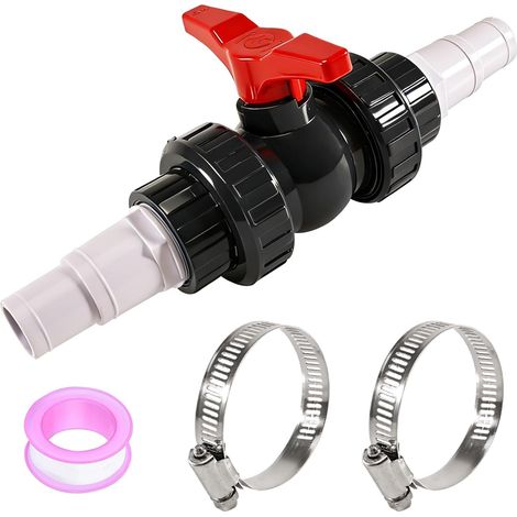 Robinet à boisseau sphérique de 50 mm avec raccord de tuyau – Kit robinet d'arrêt de piscine en PVC  Comprend 1 robinet d'arrêt 1 1/2", 2 raccords de tuyau de piscine 32-38 mm, 4 colliers de serrage (1/5)