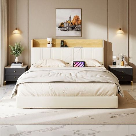 Lit Double Suspendu 160x200cm - Simili-Cuir Blanc et Bois Clair - LED RGB - Rangement Intégré - Prises USB