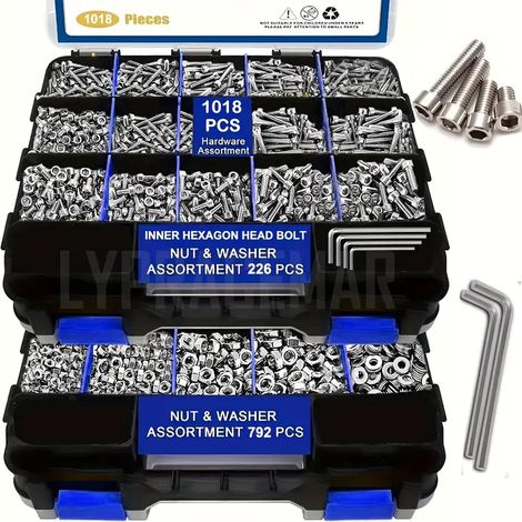 Coffret de Visserie Inox 304 1018 Pièces, Vis CHC BTR à Tête Cylindrique Six Pans Creux avec Écrous et Rondelles Plates, Assortiment Métrique A2-70 Multi-Tailles pour Bricolage, Mécanique, Électroniqu (1/4)