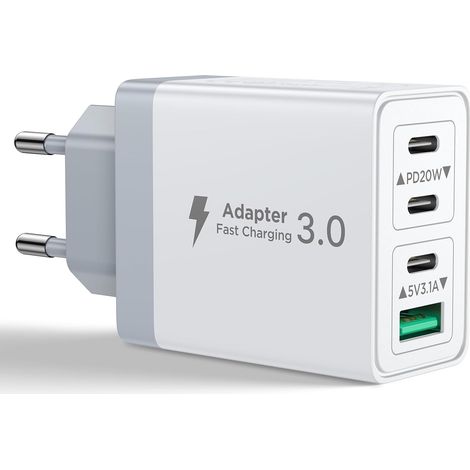 Chargeur USB C, Prise USB C Multi 40W 4 Port Chargeur Rapide iPhone 3.1A PD Type C Adaptateur Secteur USBC pour iPhone 16 15 14 13 12 11 Pro Max X XS XR 8 7 6S Plus Mini, iPad,Samsung Galaxy (1/5)