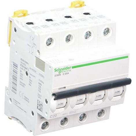 SCHNEIDER ELECTRIC A9 F74420 IC60 N LEISTUNGSSCHALTER, ACTI9, BIEGUNG C, 4P, 85 MM HÖHE X 72 MM BREITE X 78,5 MM TIEFE, 20 A