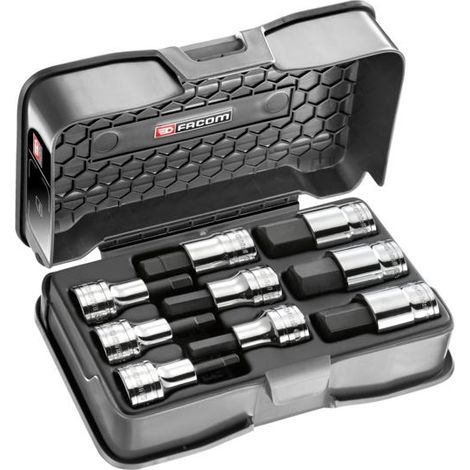 Facom – Coffret cliquet et douilles 1/2" carré – 9 pièces – Alliage d'acier – Finition chrome – Jeu de douilles sans impact