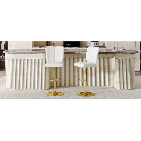 Lot de 2 Tabourets de Bar Réglables Design Luxe Blanc et Or PU Cuir 360° Pivotant Hauteur Ajustable 63-85cm pour Cuisine (1/5)