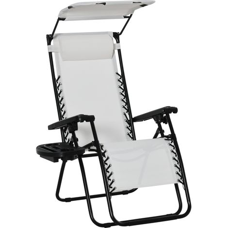 Zero Gravity Folding Patio Lounger with Cup Holder and Canopy Shade-Comfortable Sun Relaxation Chair in White Color
