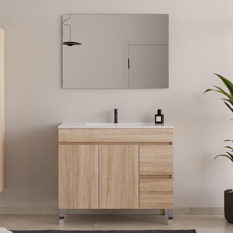 Meuble de salle de bain 90cm simple vasque sur pieds avec portes et tiroirs - cambrian (chêne clair) - HARO