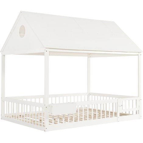 Letto per bambini 140x200 cm bianco con tetto, finestre decorative e contenitore HOMVRA (1/5)