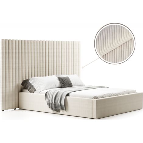 Lit coffre 180x200 cm avec grande tête de lit matelassée – Tissu velours côtelé beige – Coffre de rangement avec vérins – Design moderne – Meubler Design (1/5)