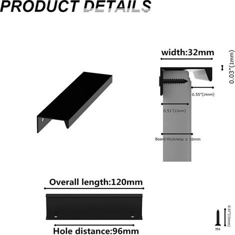 Lote de 10 tiradores negros, tirador de mueble negro, tirador invisible para muebles de cocina, tirador de mueble negro mate en aleación de aluminio, distancia entre centros 96 mm (1/3)
