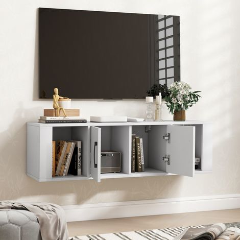 Armoire de Rangement Flottante à 2 Portes Bureau Suspendu Mural avec 2 Cubes Meuble de Console sous Télévision Centre de Console Média Blanc (1/2)