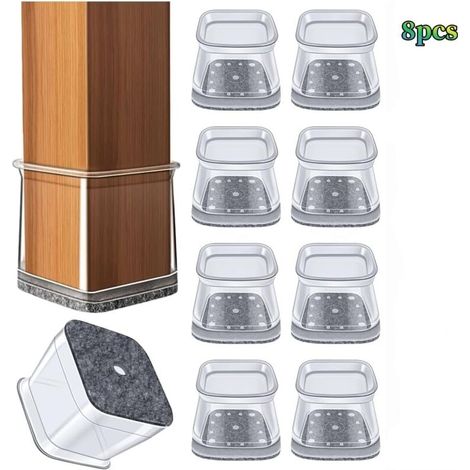 Lot de 8 protège-pieds carrés en silicone gris (2,25 x 2,25 x 3 cm), transparents pour parquet et carrelage, avec patins en feutre. (1/4)