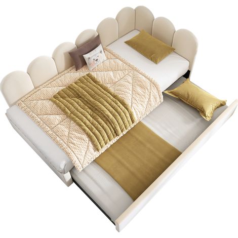Lit daybed en velours beige 90x200 cm avec lit gigogne 90x190 cm, sommier à lattes inclus (1/5)
