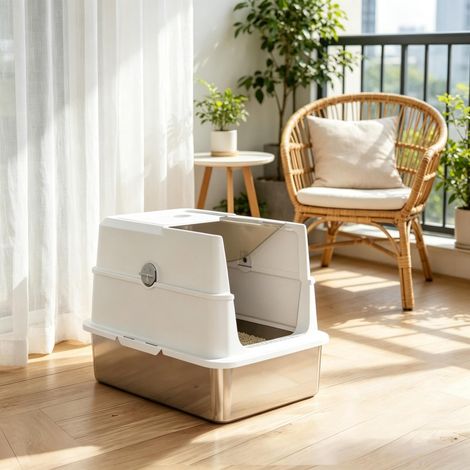 Litière fermée XL en acier inoxydable, maison de toilette pour grands chats (1/5)