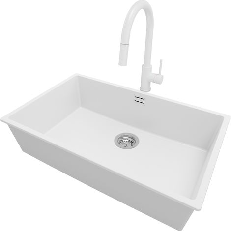 PRIMAGRAN Evier Cuisine en Granit 76x47cm, Lavabo 1 bac + Robinet 40x20cm + Kit de Vidage, Évier à Encastrer au meuble 80cm - London Slim, Blanc (1/5)