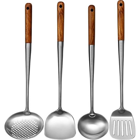 Langstieliger Wok-Spatel aus Edelstahl, Reislöffel mit Schaumkante, Schöpfkelle