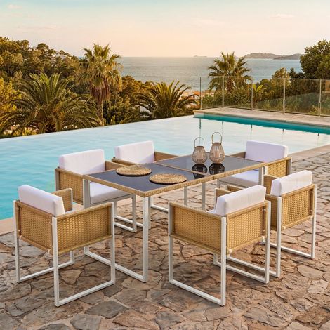 Gartentisch-und-Stuhl-Set – 7-teilige Outdoor-Essgruppe für 6 Personen mit großem Tisch aus Sicherheitsglas und Polyrattan-Stühlen mit abnehmbaren Kissenbezügen