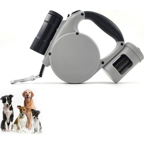 Laisse Rétractable Automatique - Nylon Gris - 5 M - Pour Chiens Moyens à Grands - Poche Pour Sachets + Lampe Torche Détachable - 1 Pièce (1/5)