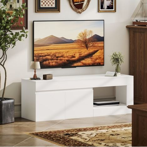 Mueble TV blanco 140x40x48 cm para TV de hasta 60 pulgadas, 2 puertas y estante abierto, estructura de madera (1/5)