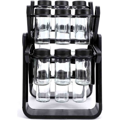 Organisateur de carrousel à épices en verre de 18 pots, support rotatif à 360 ° avec étiquettes et entonnoir pliable, gain de place, rangement de cuisine moderne, support noir pour comptoir. (1/5)