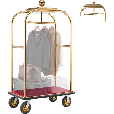 VEVOR Hotelgepäckwagen aus Edelstahl, 544,31 kg Belastbarer Kofferwagen mit 8 Zoll Gummirädern, Hotelwagen mit Rotem Teppichboden & Garderobenstange, Gewerblicher Gepäckwagen für Hotels Resorts, Gold (1/5)