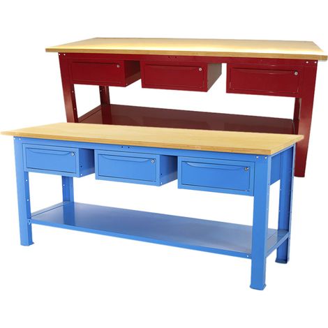 Banco da lavoro SOGI 2 metri con piano in legno portata 1000 kg + 3 cassetti - blu/rosso, ColoreBlu (1/5)