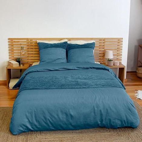 Parure de lit - CÔTÉ DÉCO - 220x240 cm - Velours côtelé - 2 Taies 63x63 cm - Bleu
